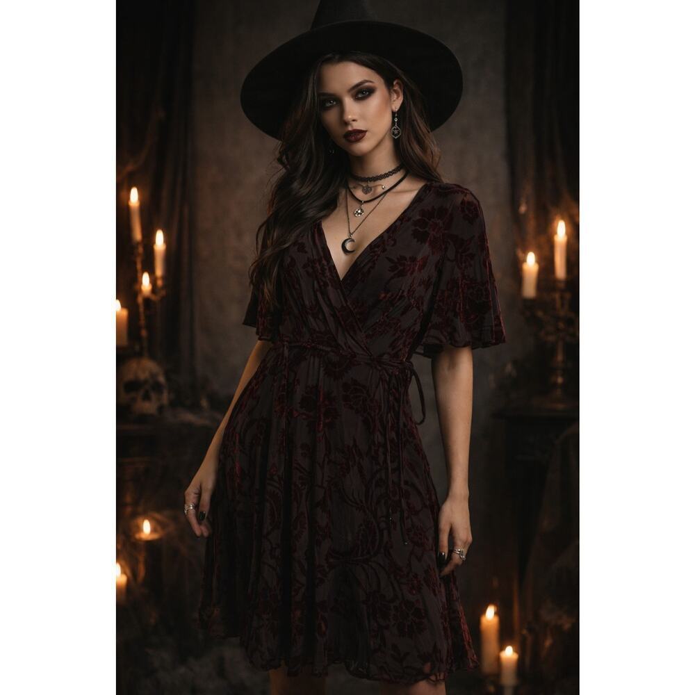 As U Wish S Small Burgundy Velvet Burnout Faux Wrap V-Neck Short Sleeve Dress - Picture 1 of 7